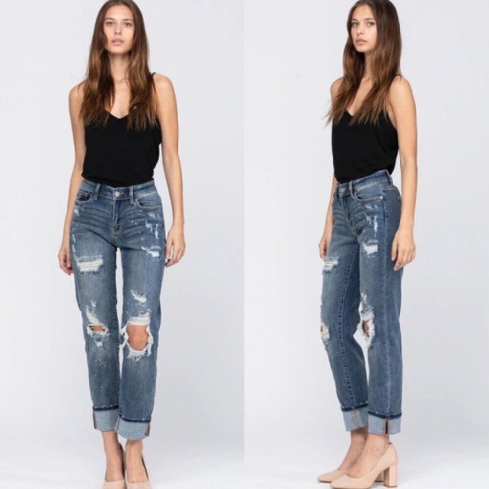 Judy Blue Dark Bleach Splash Boyfriend Jeans Sz 28